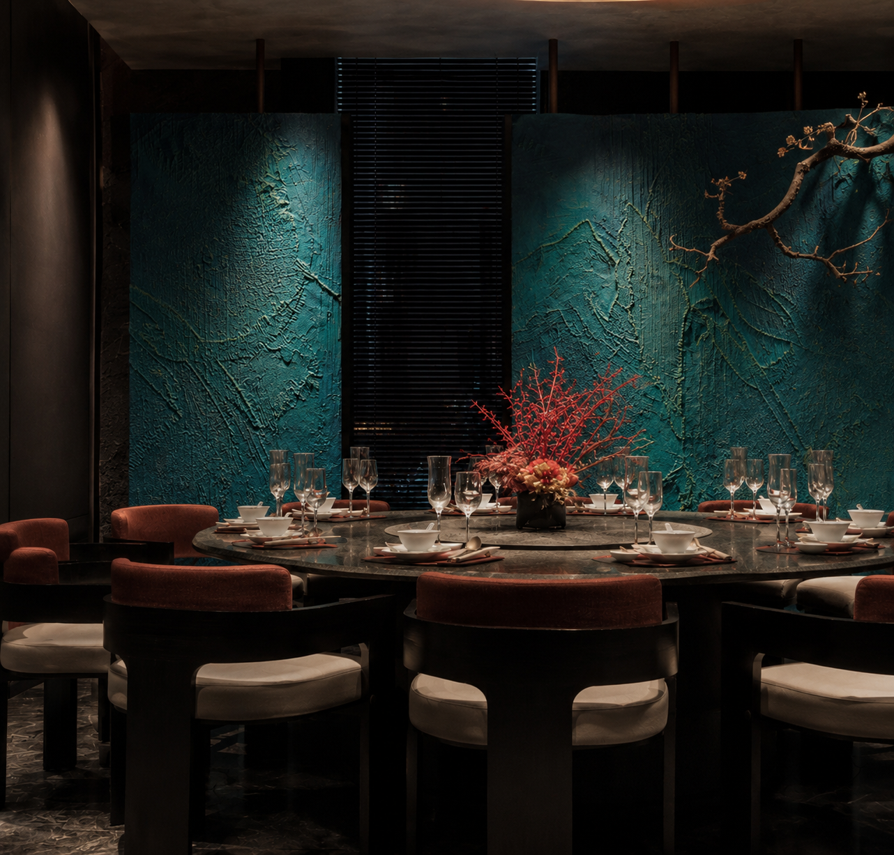 The private teal plaster dining room at SUMU