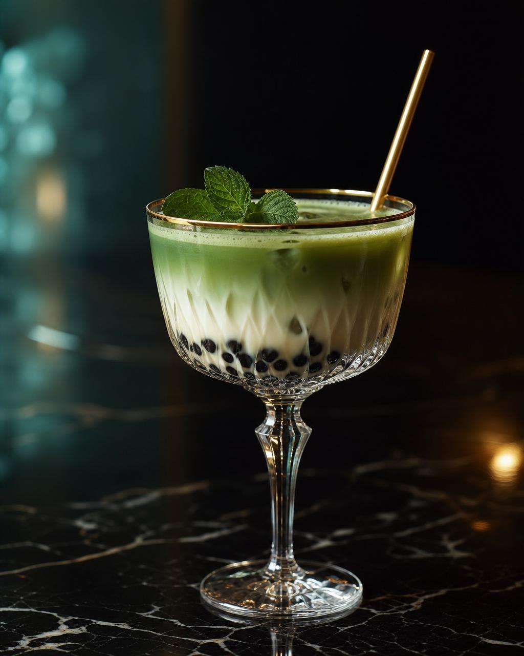 Matcha brown sugar bubble tea in a crystal glass on black marble