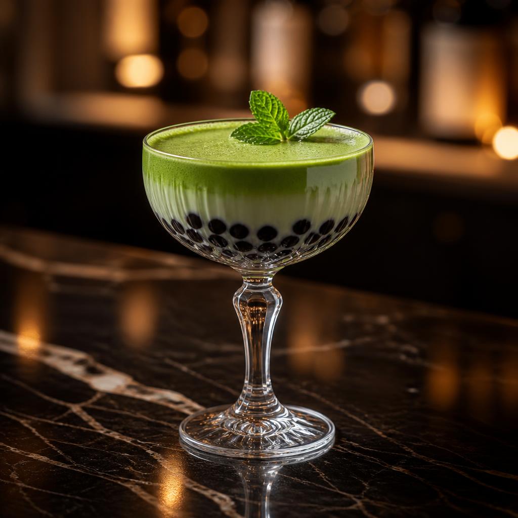 An elegant matcha bubble tea served in a crystal coupe on black marble