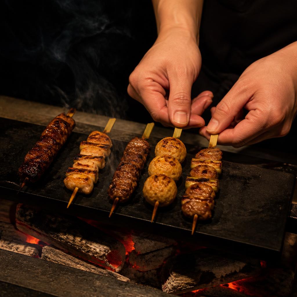 A chef tending white binchotan embers at SUMU