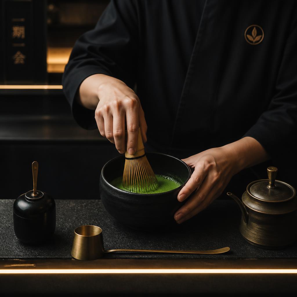 Ceremonial matcha being whisked in a black chawan