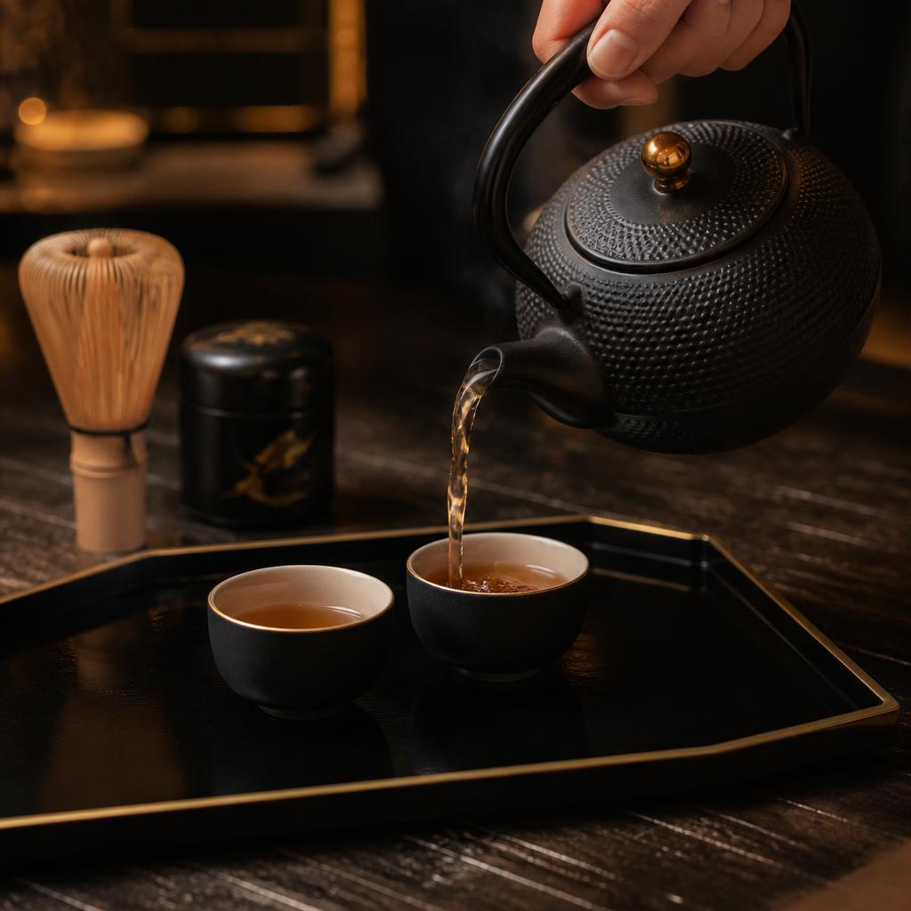 Cast iron kyusu pouring hojicha into gold rim cups